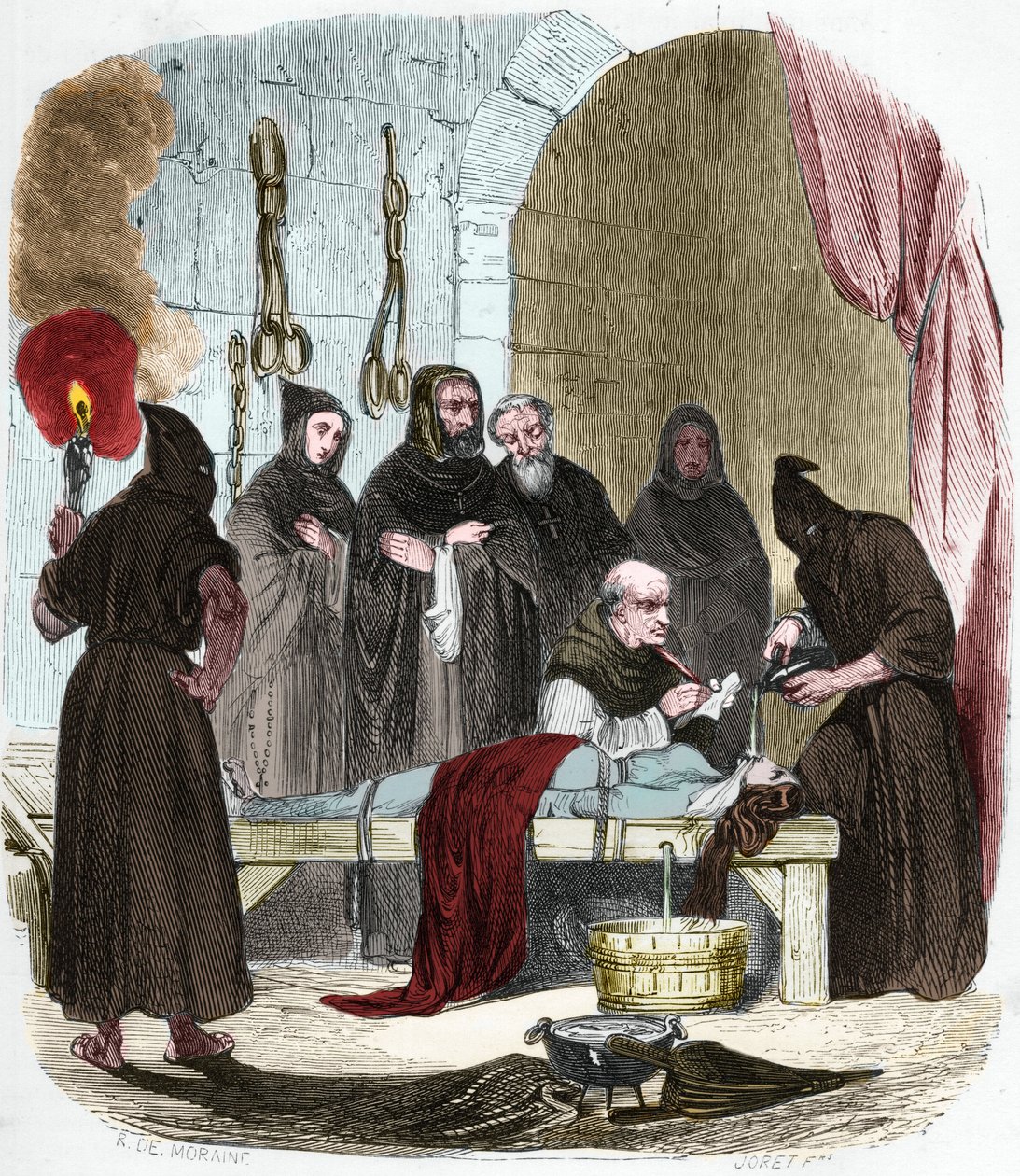 The question of water: Pedro de Arbues interrogates under torture a young woman who allegedly induced her sister to turn to Lutheranism. Tied by strings, water is poured into a cloth that is pushed into the bottom of the throat. by Anonymous Anonymous