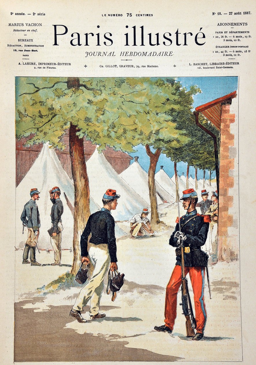 The students of the school of Saint-Cyr at the camp of Chalons. Engraving from 1887 in 
