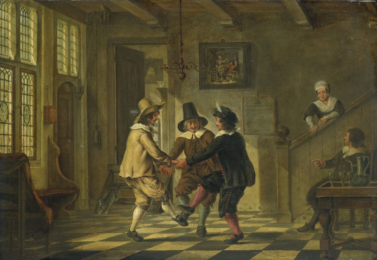Three men in seventeenth-century costumes dancing in a front house by Anonymous Anonymous