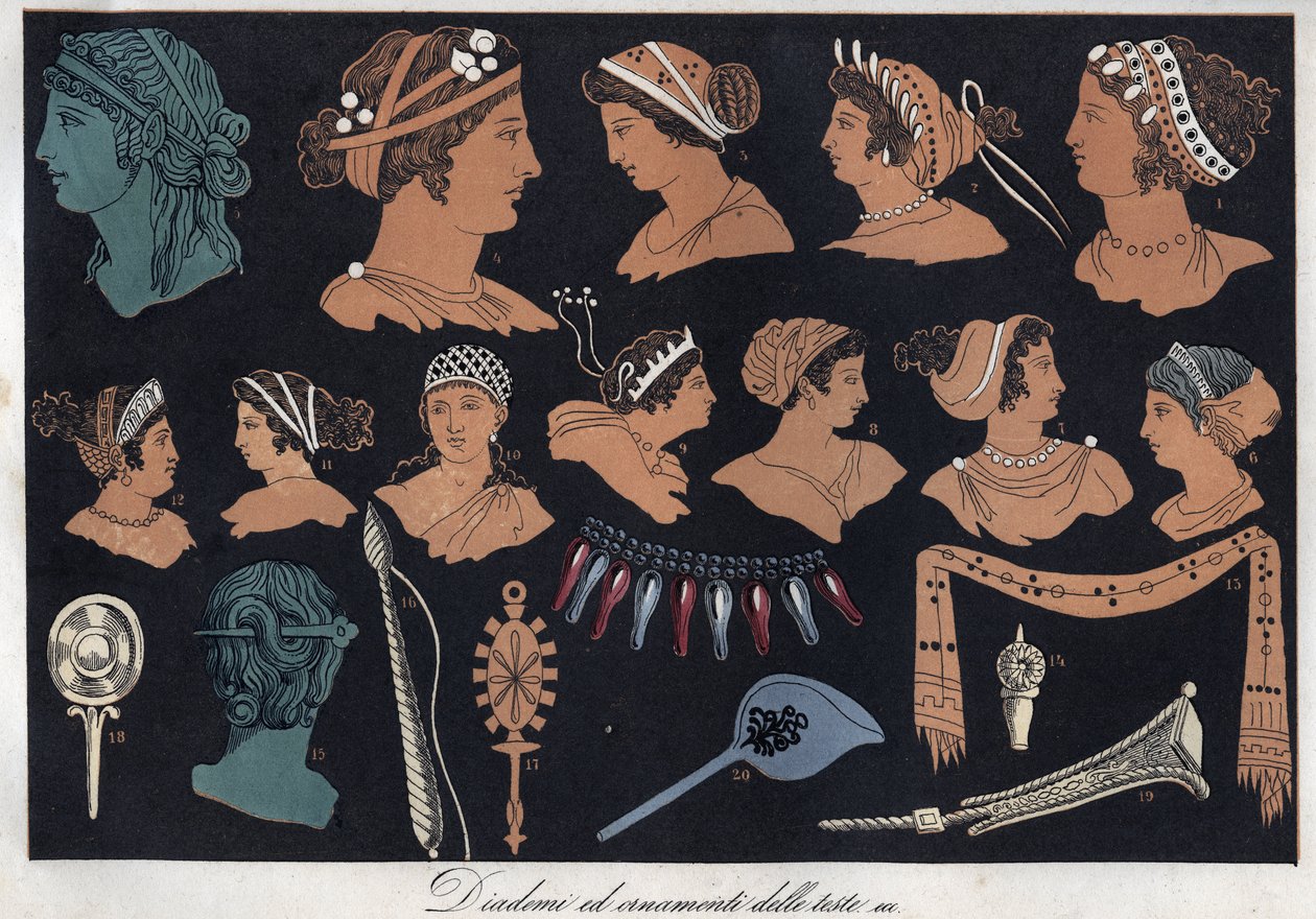Tiaras and Ornaments of Heads in Ancient Greece - Engraving from 