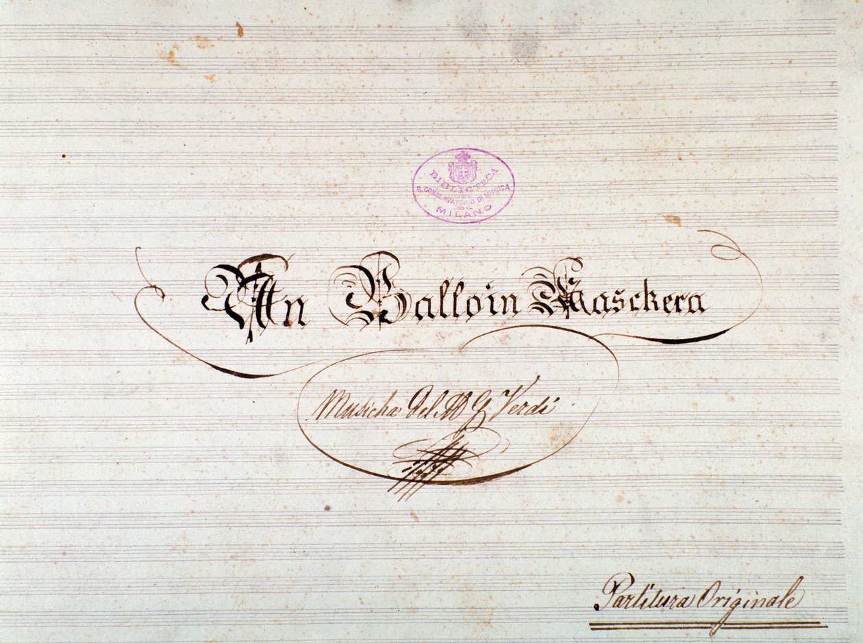 Title page of first edition of musical score of Un ballo in maschera, opera by Giuseppe Verdi by Anonymous Anonymous