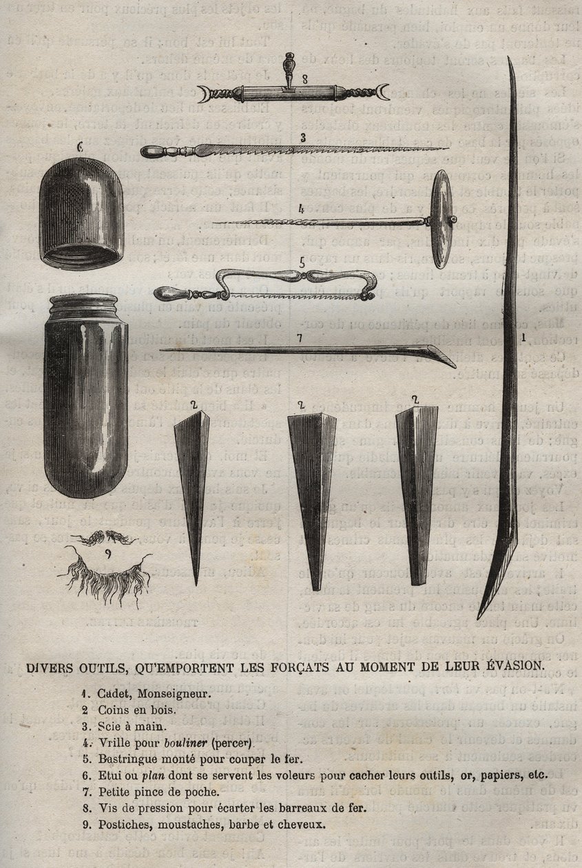 Various tools, which the convicts carry when they escape. Engraving in 