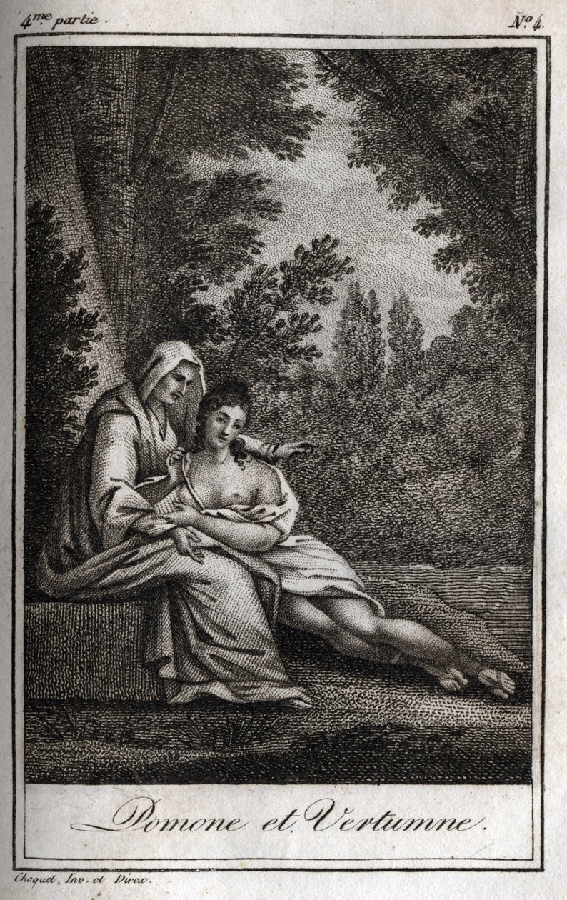 Vertumne and Pomone: Vertumne, in love with the nymph Pomone, disguises herself as an old woman to approach her. Engraving from 1819 in 