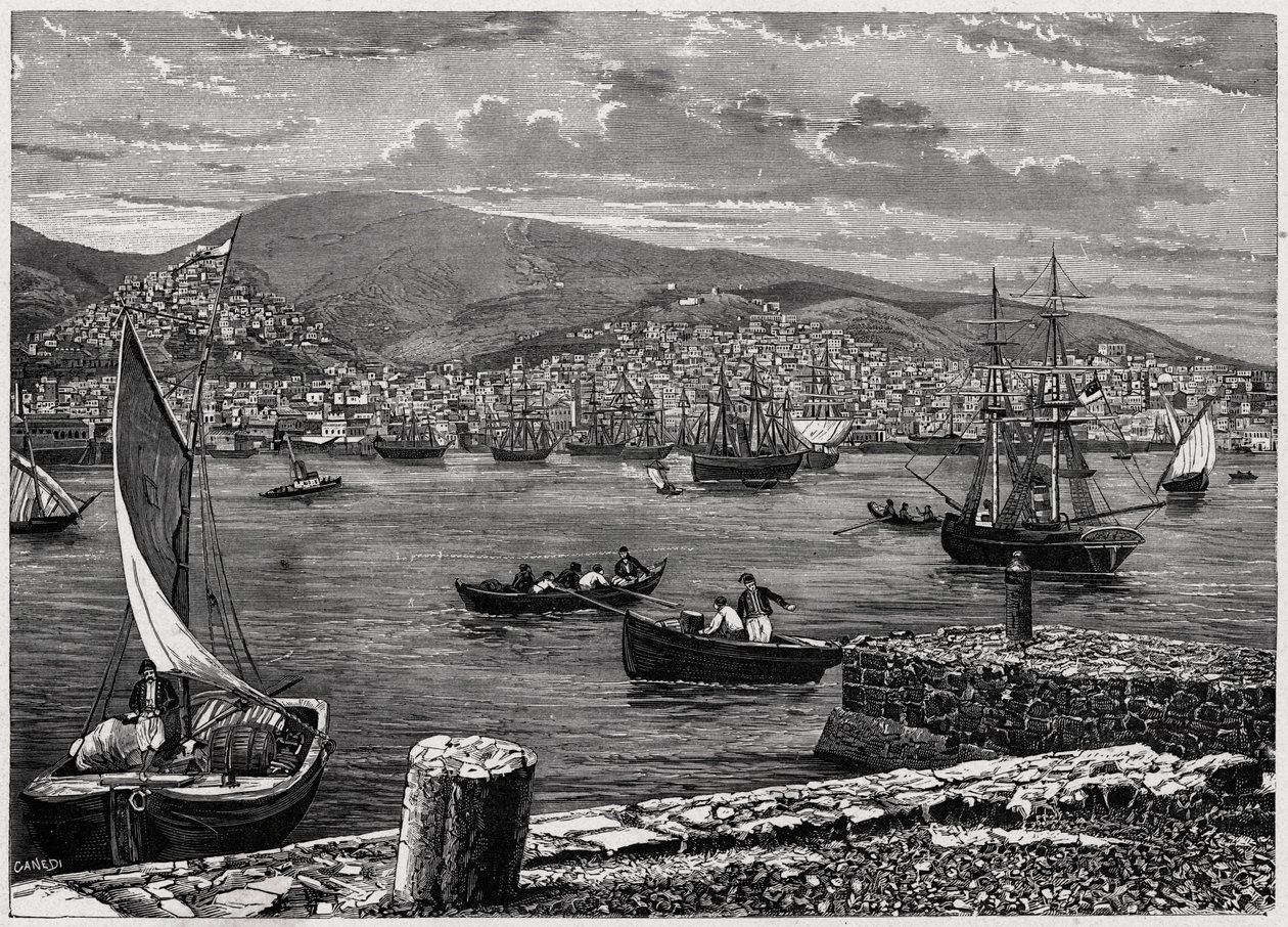 View of the island of Syra in Greece. Engraving in 