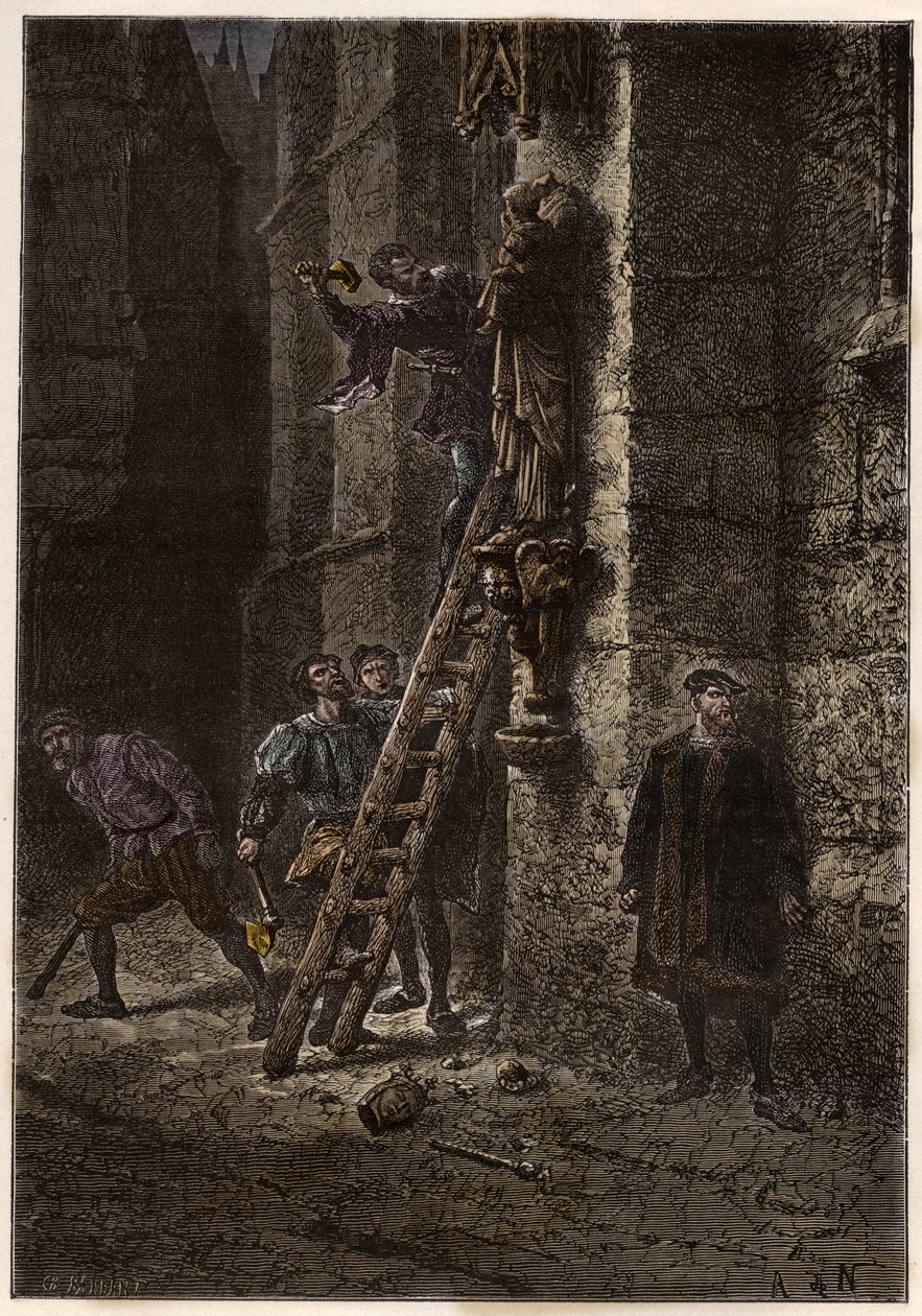 War of Religions - Iconoclasm - Destruction of sacred objects by heretics (Protestants) in the 16th century in France - Heretic Iconoclasts in France - Iconoclastic Fury - Protestants Destroy Images of Mary and the Christ-Child - engraving from 