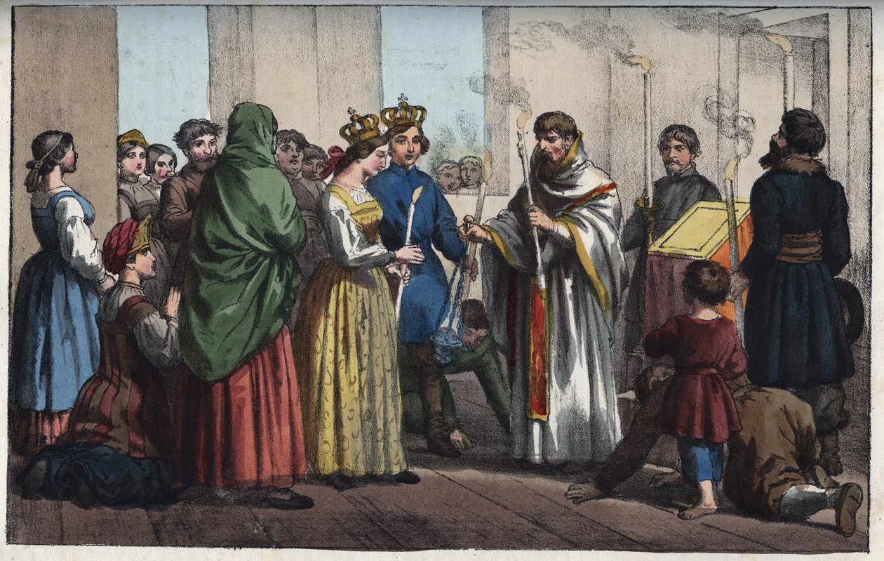 Weddings in Russia in the 18th century - engraving from 