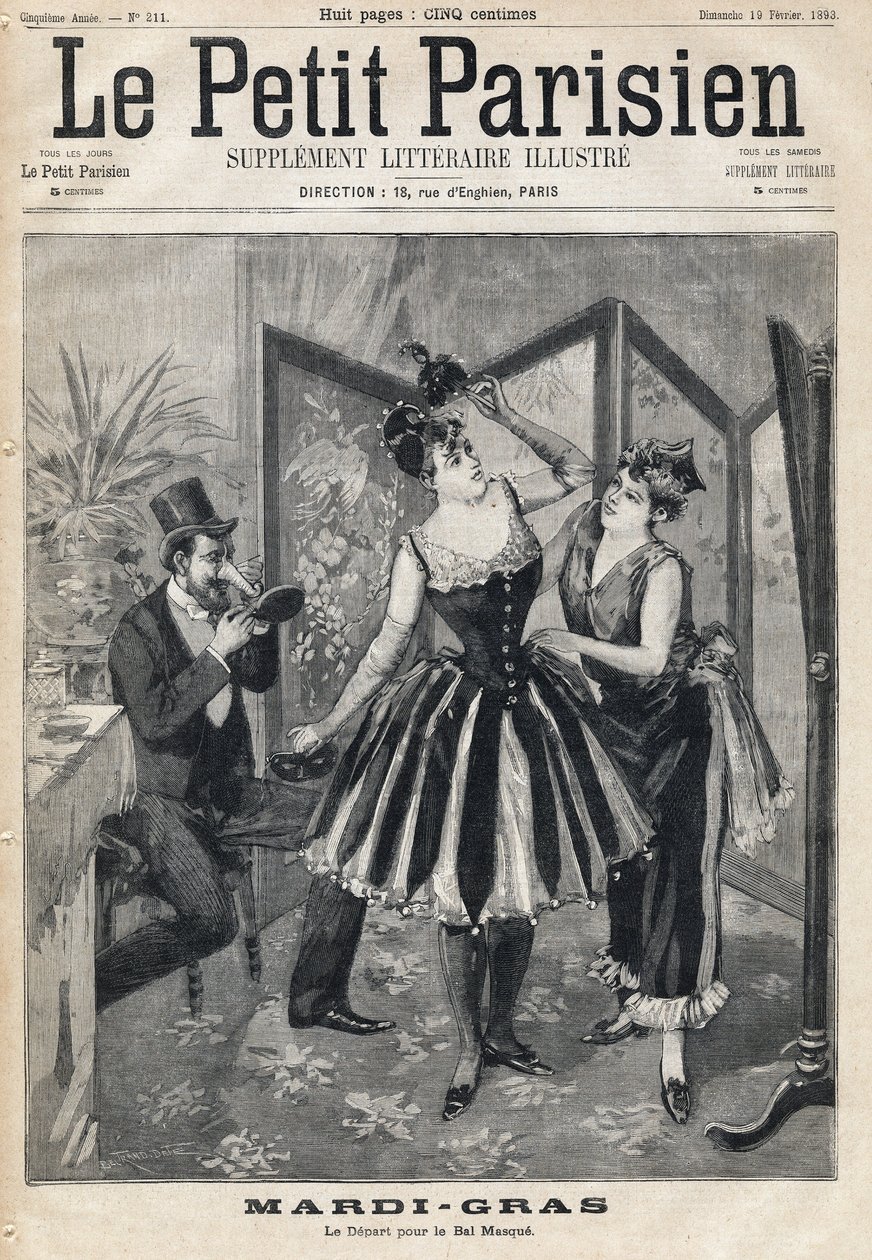 Women preparing their disguises behind a screen and a man trying his mask in the shape of an elephant tube for the Mask Ball of Mardi Gras. In Le Petit Parisien on 19/02/1893 by Anonymous Anonymous