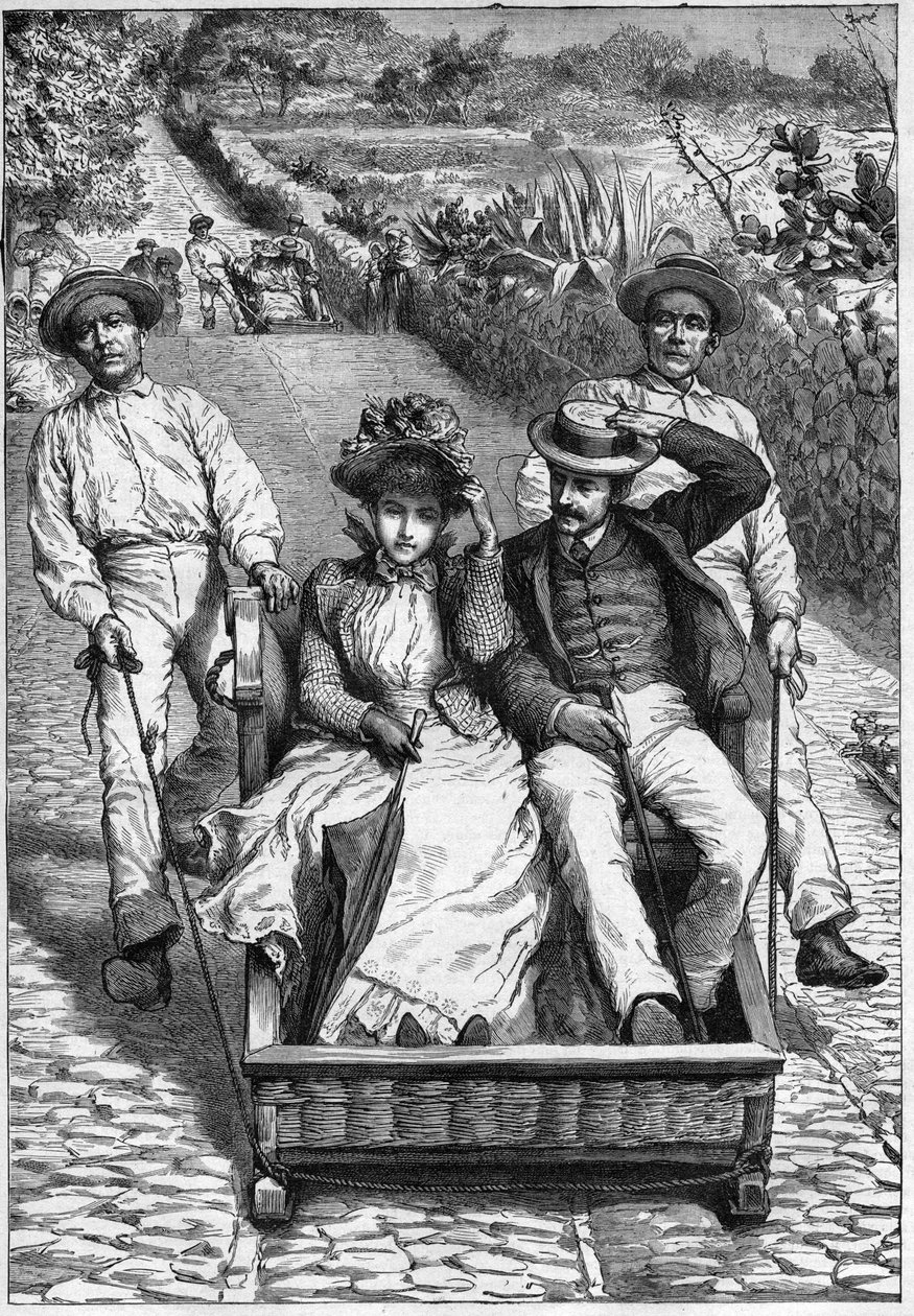 Basket Carts in Madeira 1893 - Les corinhos (carrieros) in Madeira - men guiding a seat in two places on wheels (a corinho) - engraving in 