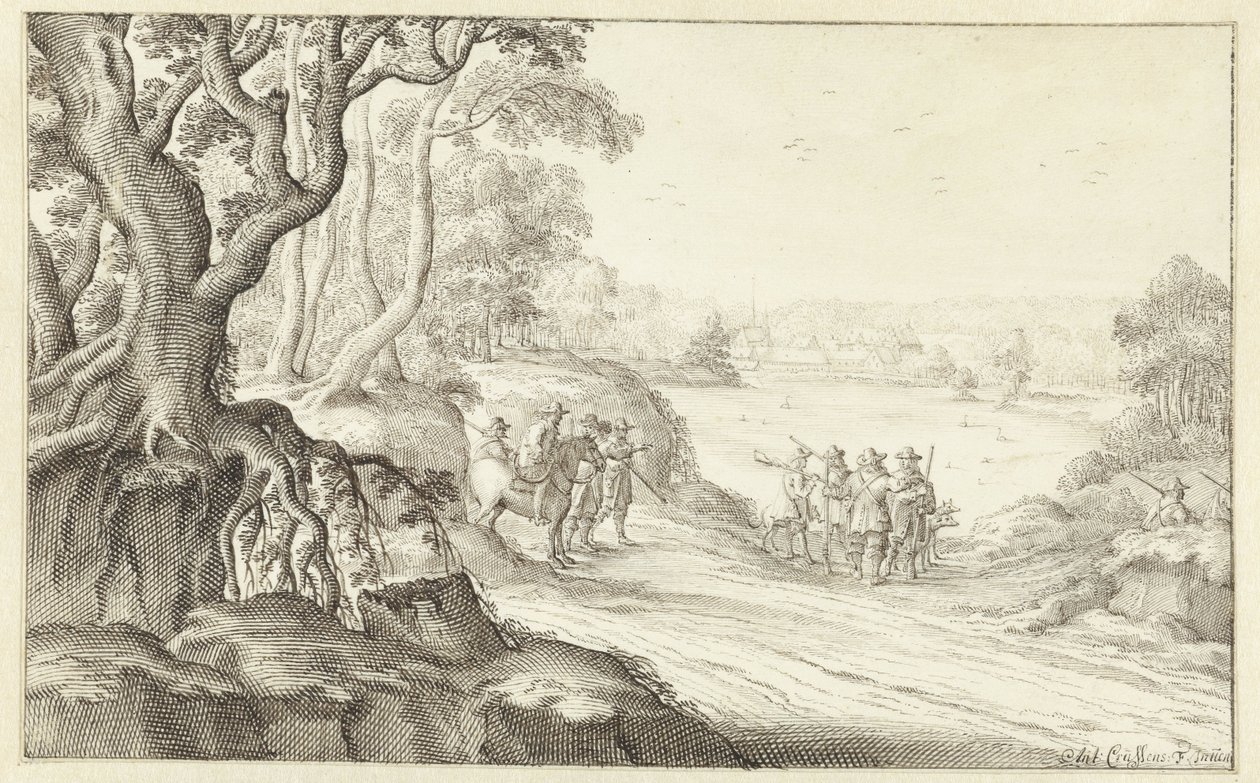 Hunters in a Hilly Landscape, Groenendaal Abbey in Brussels in the Background by Anthonie Crussens