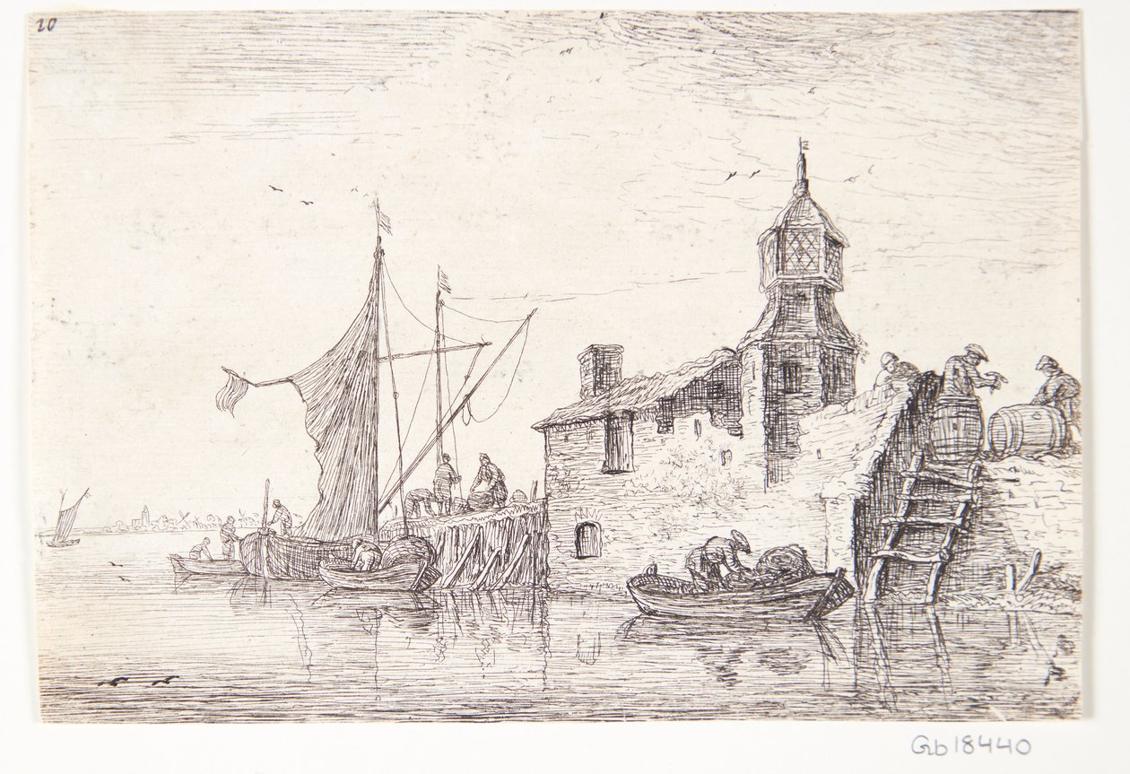 Landing Place with Building with a Tower by Anthonie Waterloo