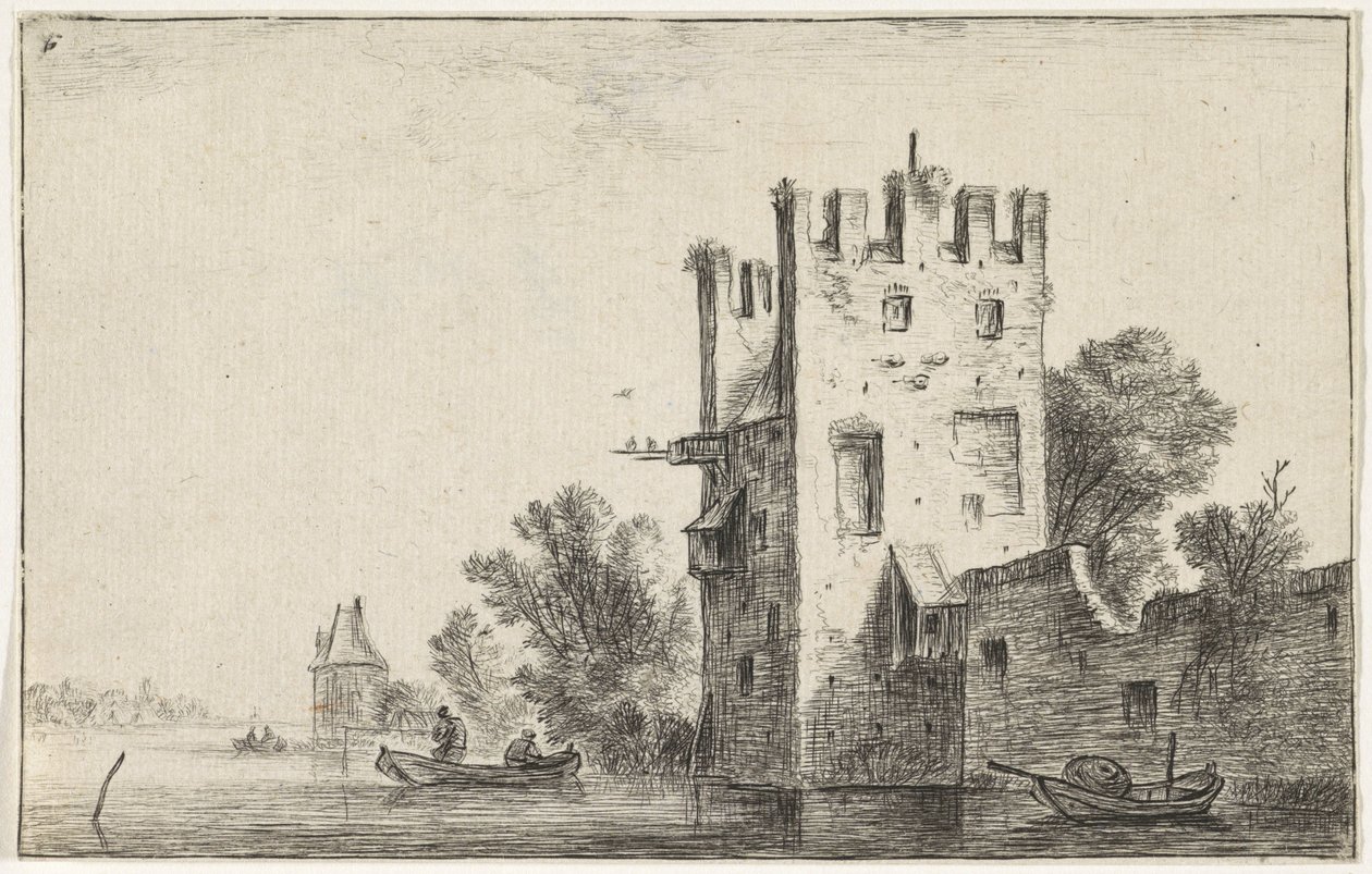 Square Tower by the Water by Anthonie Waterloo