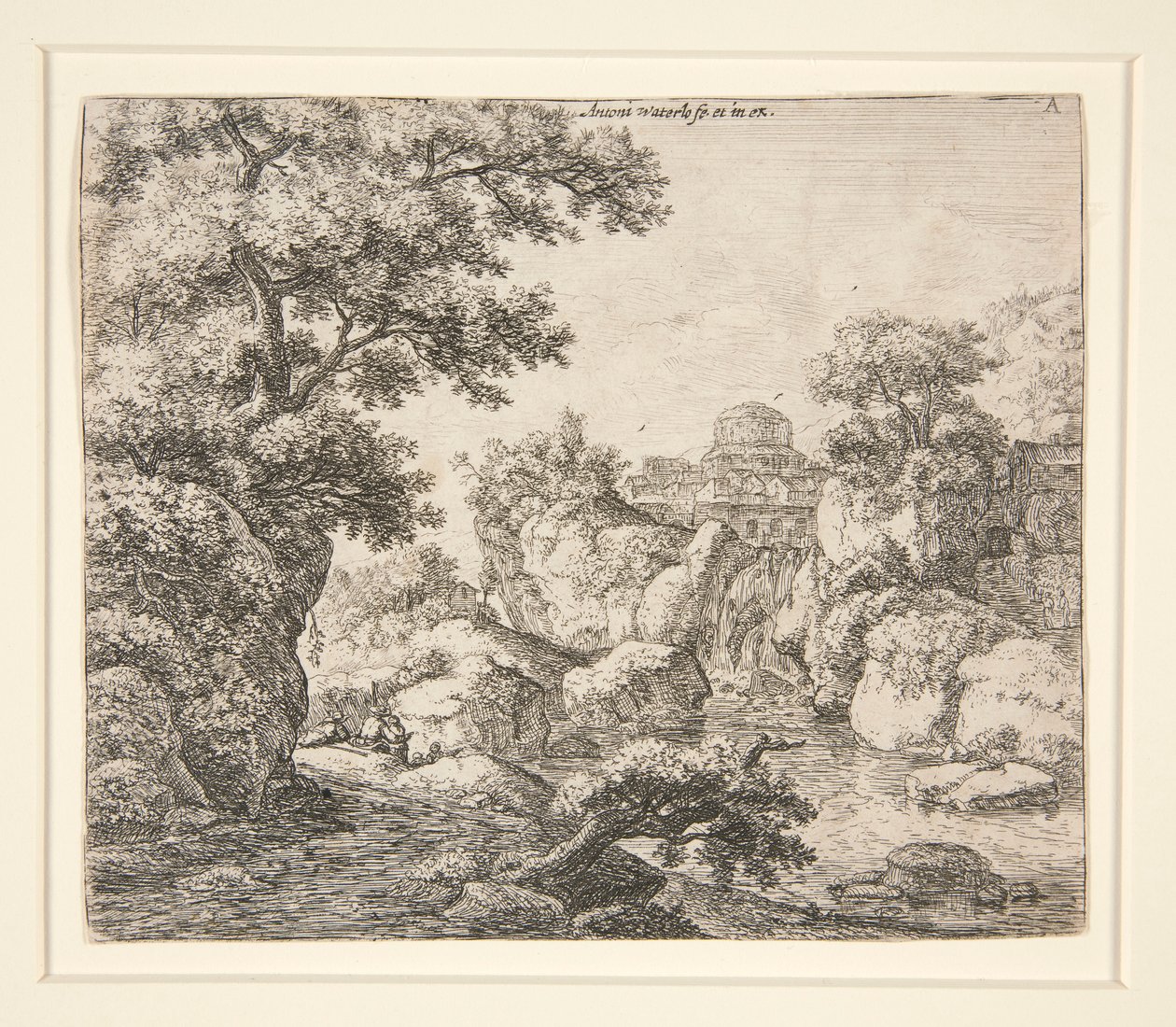 Waterfall Below a Domed Building by Anthonie Waterloo