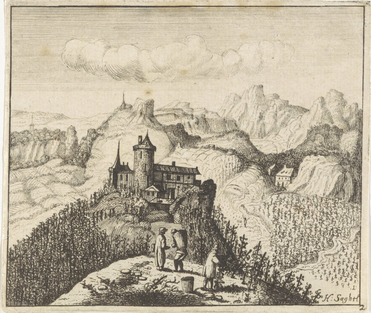 Mountainous Landscape with Grape Pickers by Anthonie de Winter (attributed to)