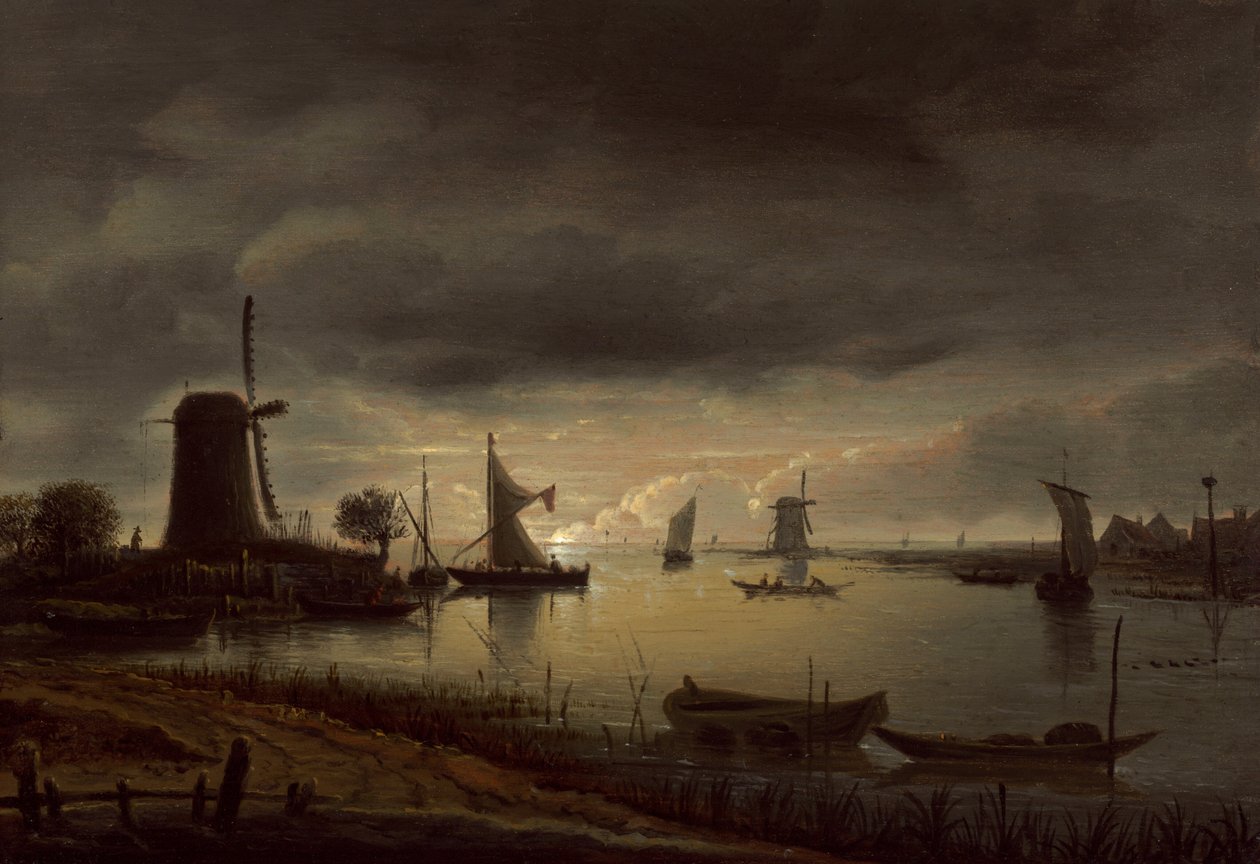River Scene with Windmill and Boats, Evening by Anthonie van Borssom