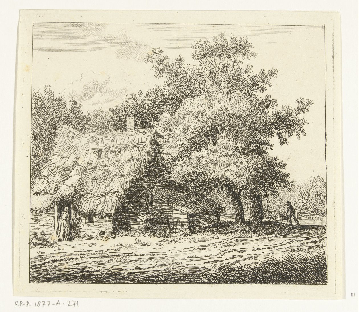 Farmhouse with Woman at the Door and a Man with Wheelbarrow on a Path by Anthonie van den Bos