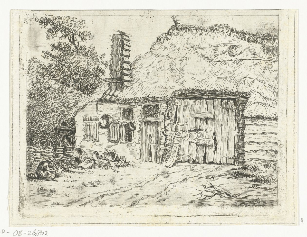 Man Sitting and Working on a Scythe in Front of a House by Anthonie van den Bos