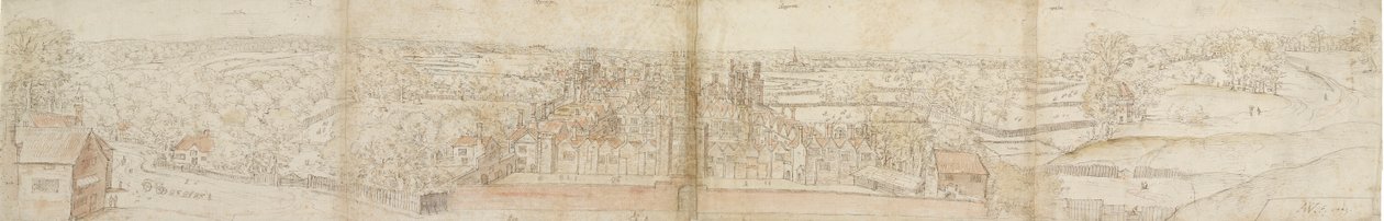 Oatlands Palace from the South, Verso: Richmond Palace and Roofs of Oatlands by Anthonis van den Wyngaerde
