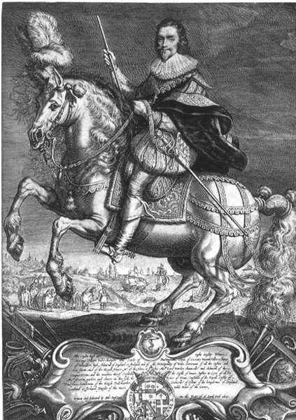 Equestrian Portrait of George Villiers (1592-1628) 1st Duke of Buckingham, engraved by Willem de Passe (1598-1637) 1625 by Anthony van (after) Dyck