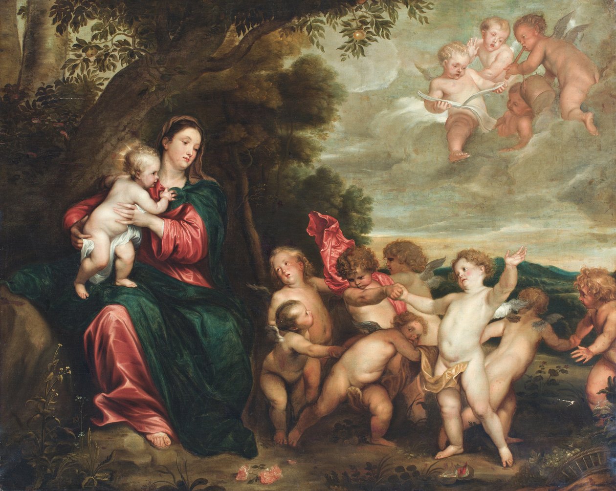 The Madonna and Child in a Landscape Greeted by the Infant Baptist and Angels by Anthony van (circle of) Dyck