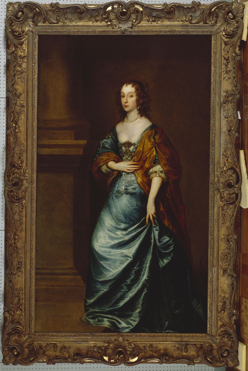 Portrait of Mary Villiers, Duchess of Lennox and Richmond, in a blue dress and brown wrap by a column by Anthony van Dyck