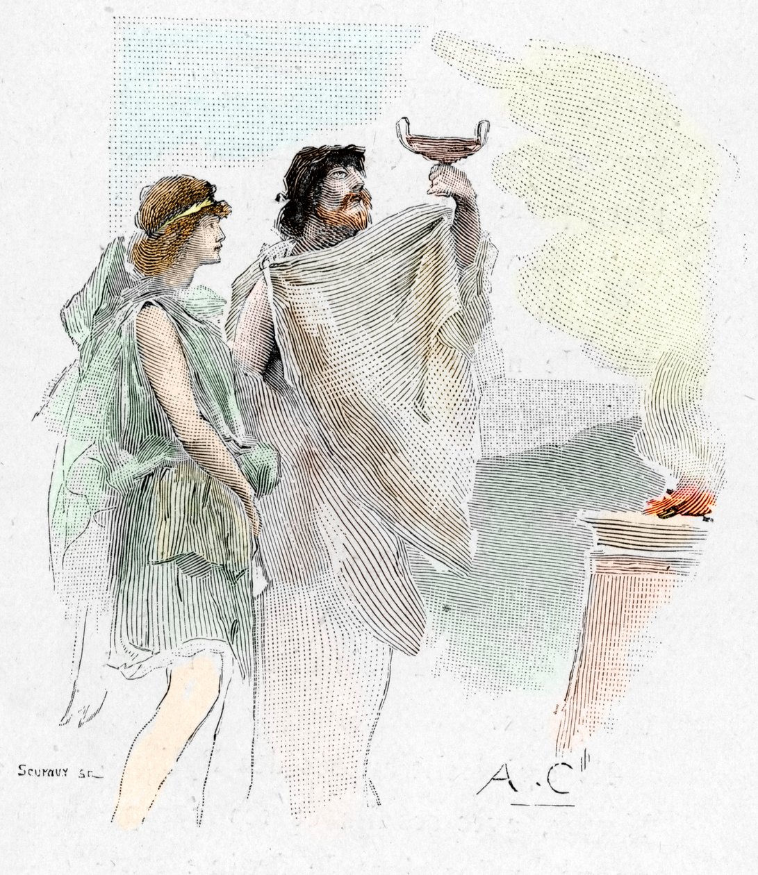 Pisistratus, Son of Nestor, Proposes a Cup of Wine to Telemachus in Pylos (illustration) by Antoine Calbet