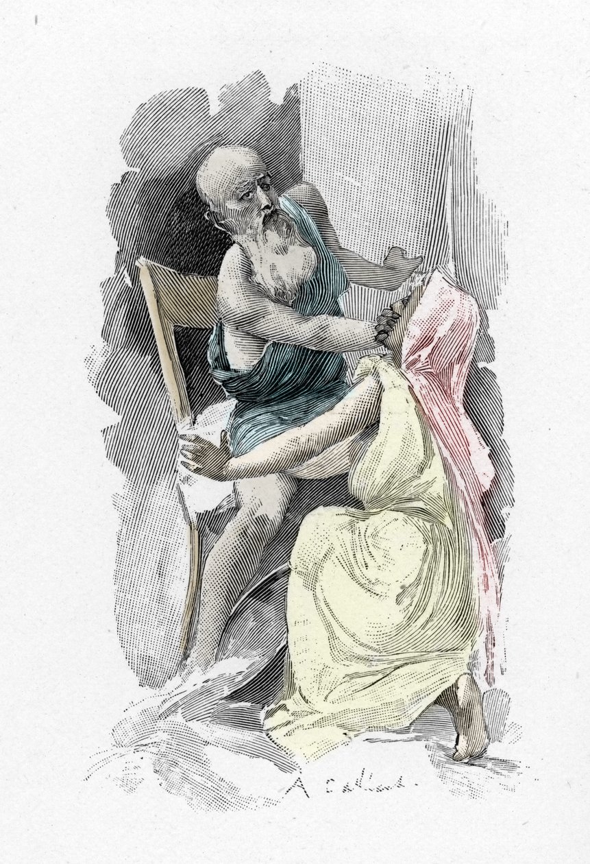 Odyssey by Homer: Odysseus, disguised as a beggar, swears Eurycleia who has recognized him, to secrecy. Illustration by Antoine Calbet by Antoine Calbet