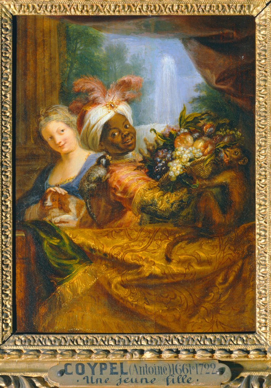 Young black girl holding a fruit basket and young girl caressing a dog by Antoine Coypel