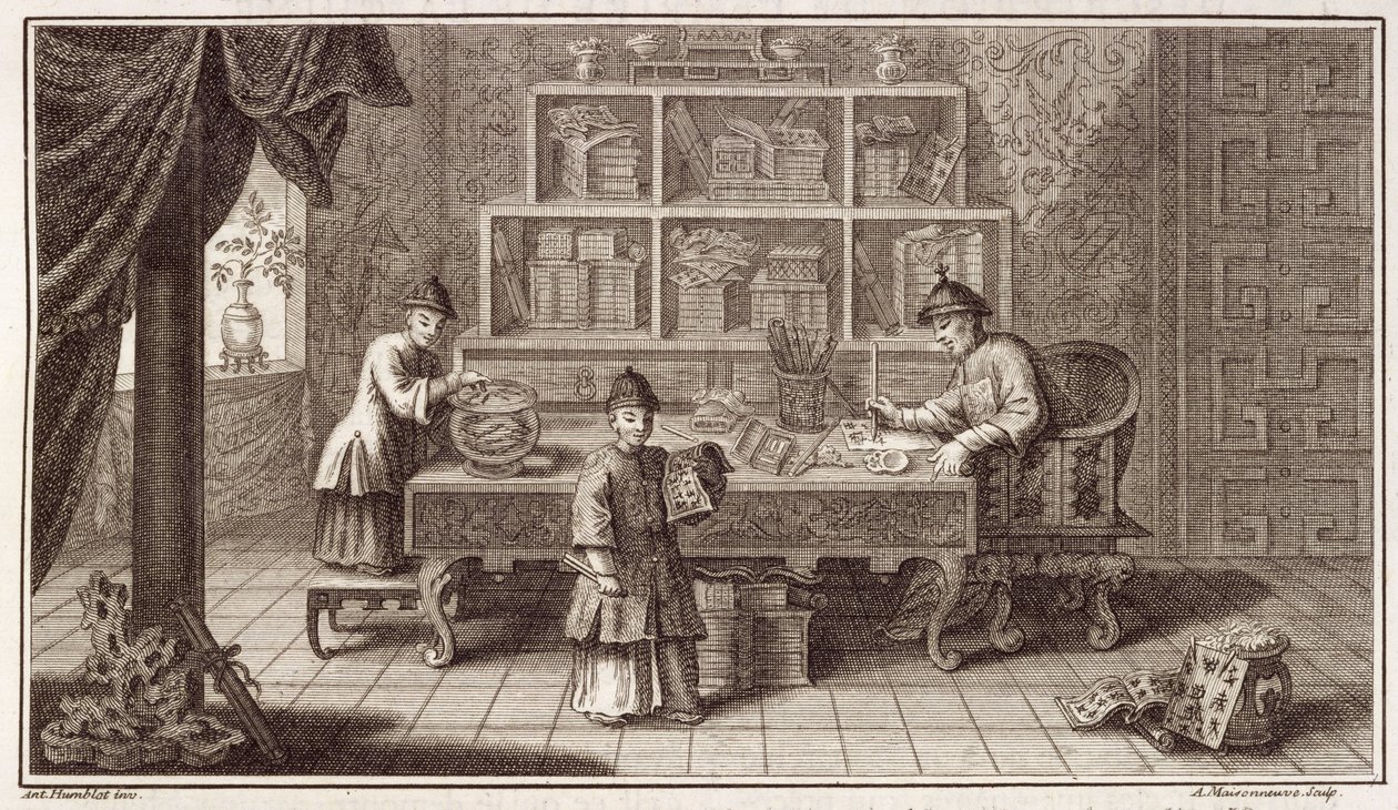 A Chinese Calligraphy Shop, from an account of the Dutch Embassy in China, engraved by A. Maisonneuve, c.1670s by Antoine Humblot