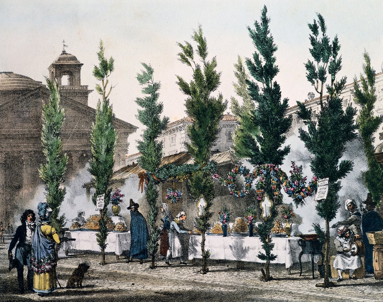 Food fryers at Pantheon during feast of St Joseph, engraving from Un an a Rome et dans ses environs (One year in Rome and in its surroundings), France by Antoine Jean Baptiste Thomas