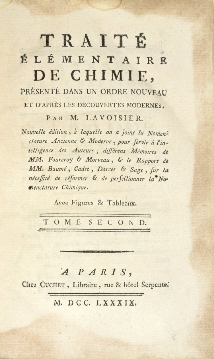 Titlepage of Traite Elementaire de Chimie, Tome II, published in Paris, 1789 by Antoine Laurent de Lavoisier