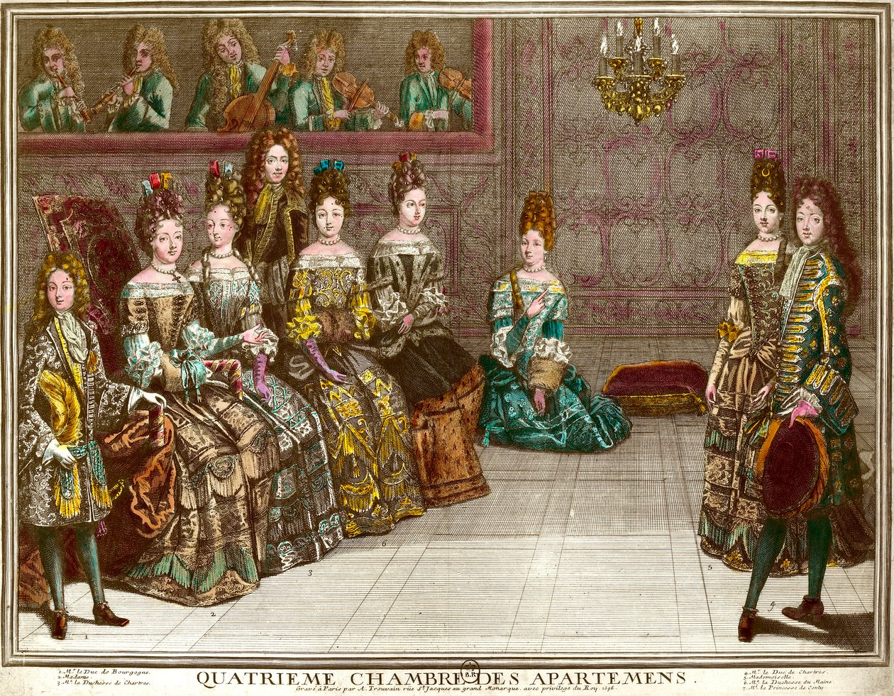 Dance in the fourth bedroom of the apartments of the family of Louis XIV (1638-1715) during the evenings of apartment in Versailles around 1696: the Duke of Chartres dances the minuet with Mademoiselle in the presence of the Duchess of Maine, the Duke of B by Antoine Trouvain