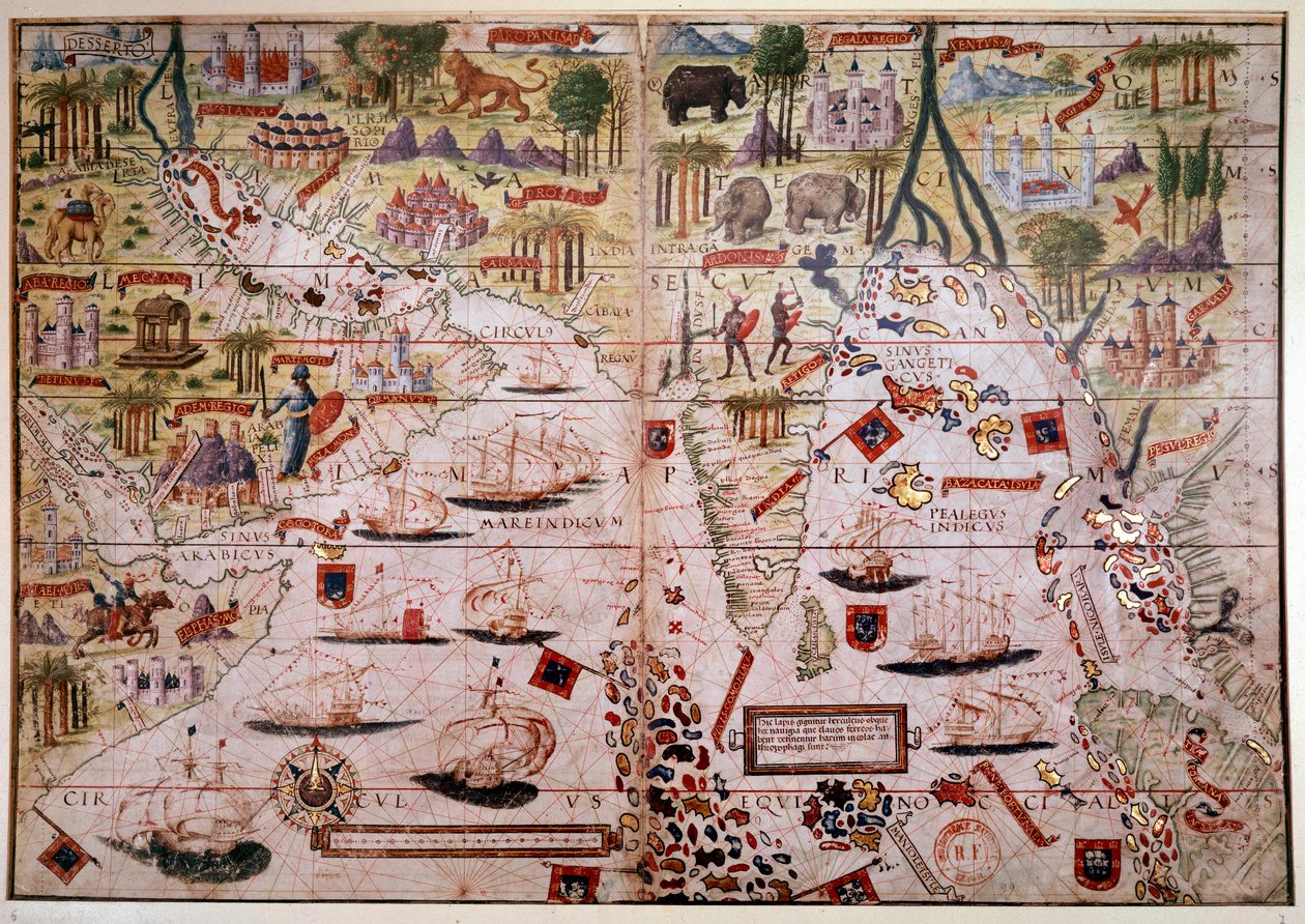 The Indes Portuguese nautical atlas. Page of the Atlas Miller manuscript made in 1519 by Pierre and Georges Reinel, Lopo Homem (cartographers) and Antoine de Hollande (miniaturist) by Antoine de Hollande