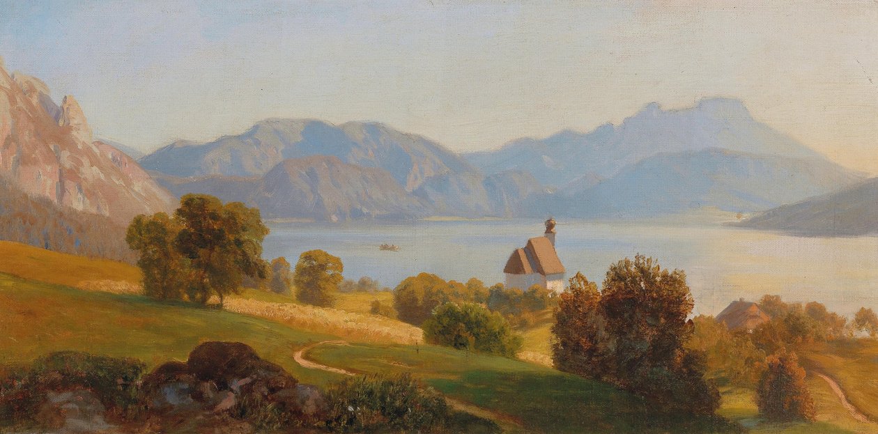 Steinbach on the Attersee with the Schafberg by Anton Hlavacek