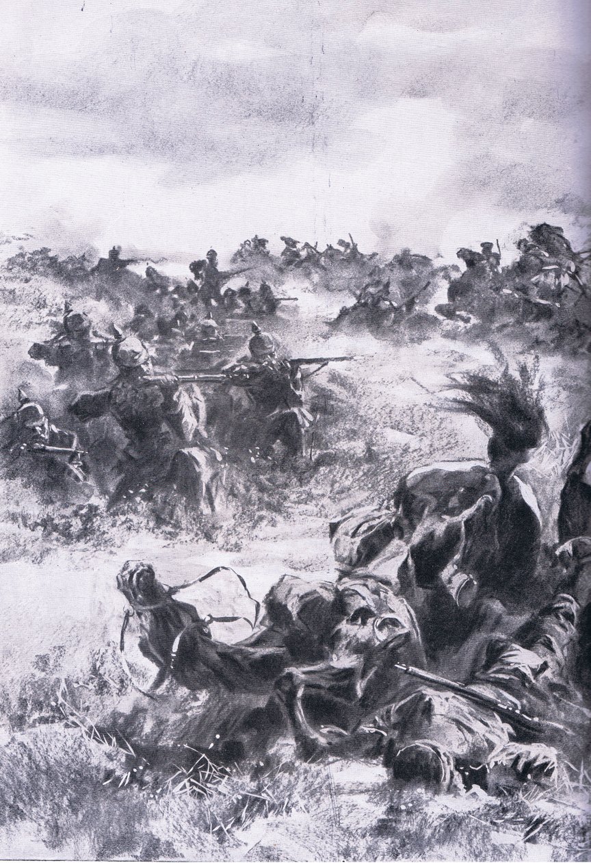 Defeat of the 14th Russian Cavalry Brigade at Praszysz, from The Illustrated History of the World War 1914-1915 pub. by Union Berlagsefellfchaft by Anton Hoffman