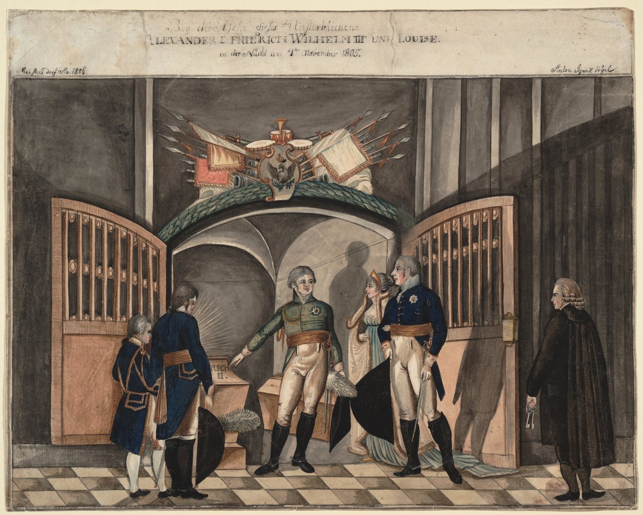 Near the ashes of Frederick the Great. Tsar Alexander I, King Frederick William III and Louise of Prussia by Anton Ignaz Vogel