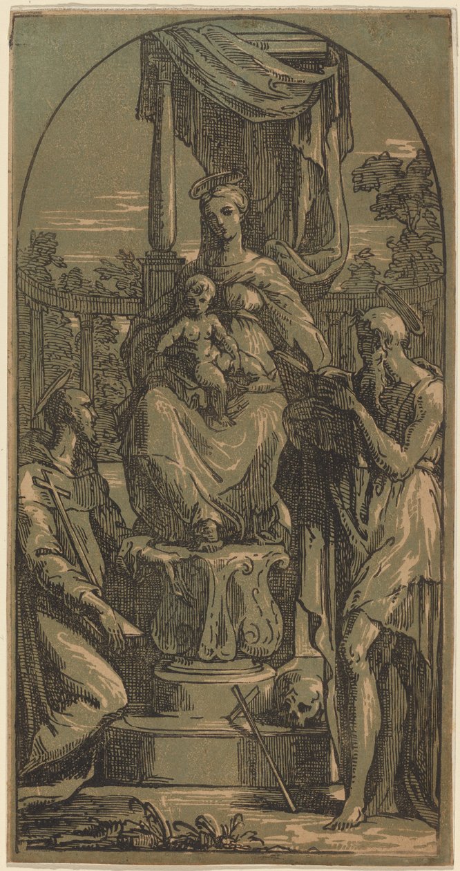 Madonna and Child Enthroned, Saint Jerome and Saint Francis by Anton Maria Zanetti I, after Parmigianino