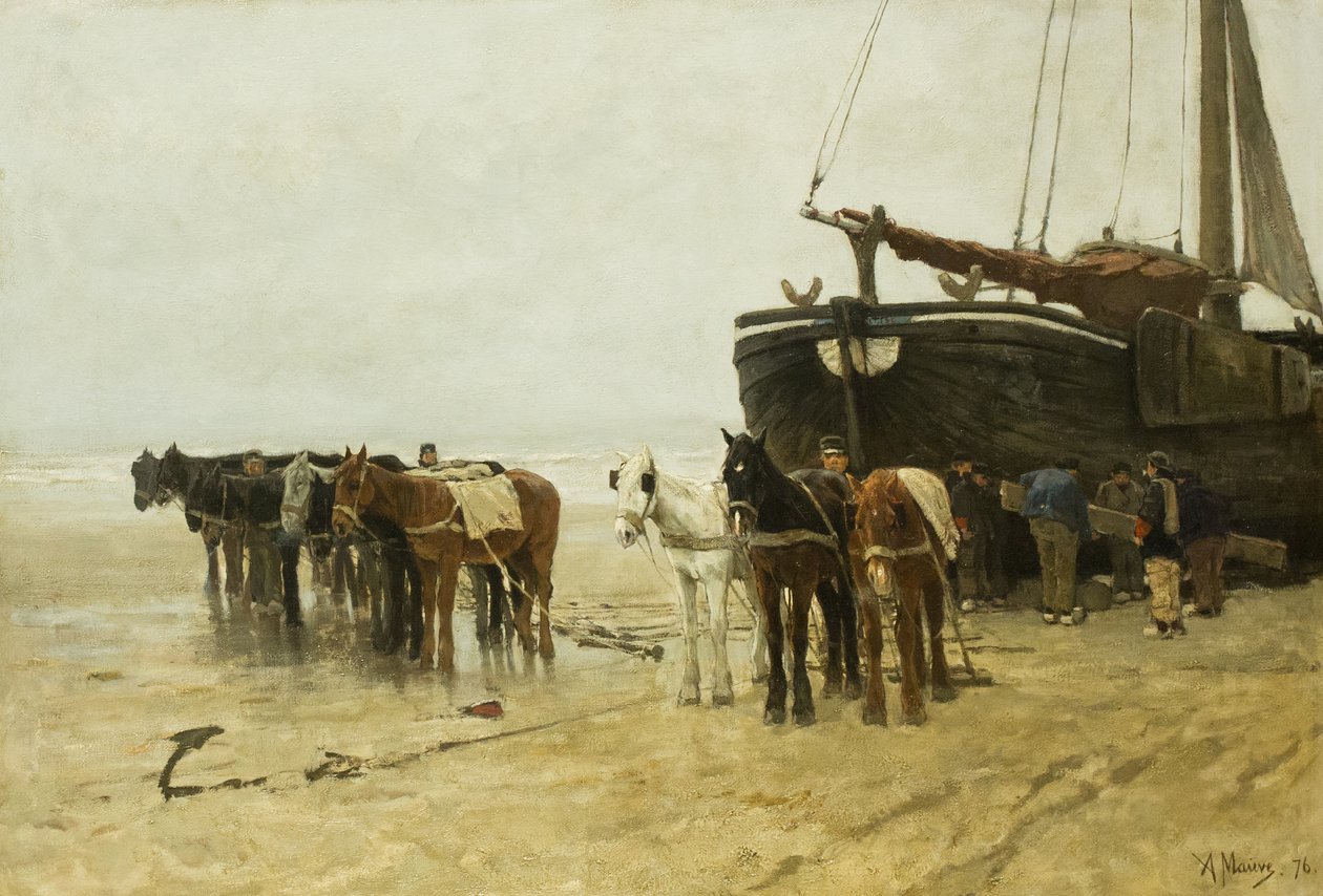 Fishing Boat with Tow Horses on Scheveningen Beach by Anton Mauve