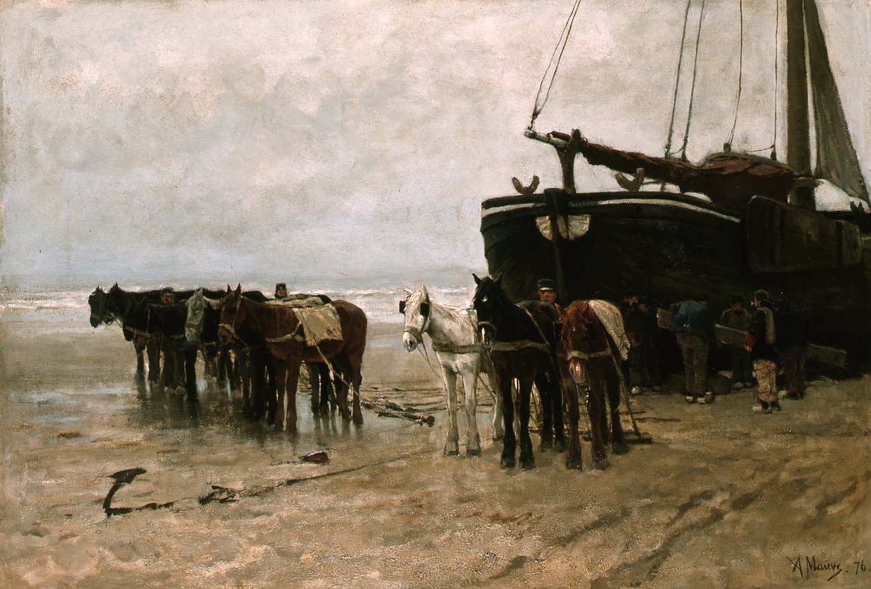 Fishing Boat with Tow Horses on Scheveningen Beach by Anton Mauve