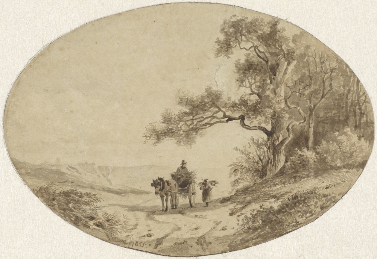 Wood gatherer by horse and cart on the road by Anton Mauve