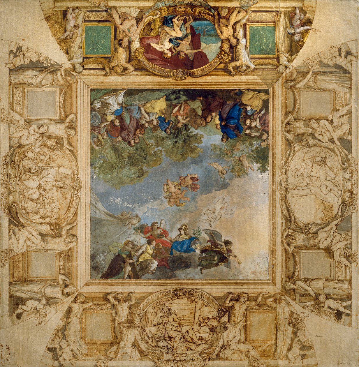 Apollo and Athena rewarding Talents and Minerva flanked by caryatids and medallions depicting Mars, Venus, Hercules and Cybele by Anton Raphael Mengs