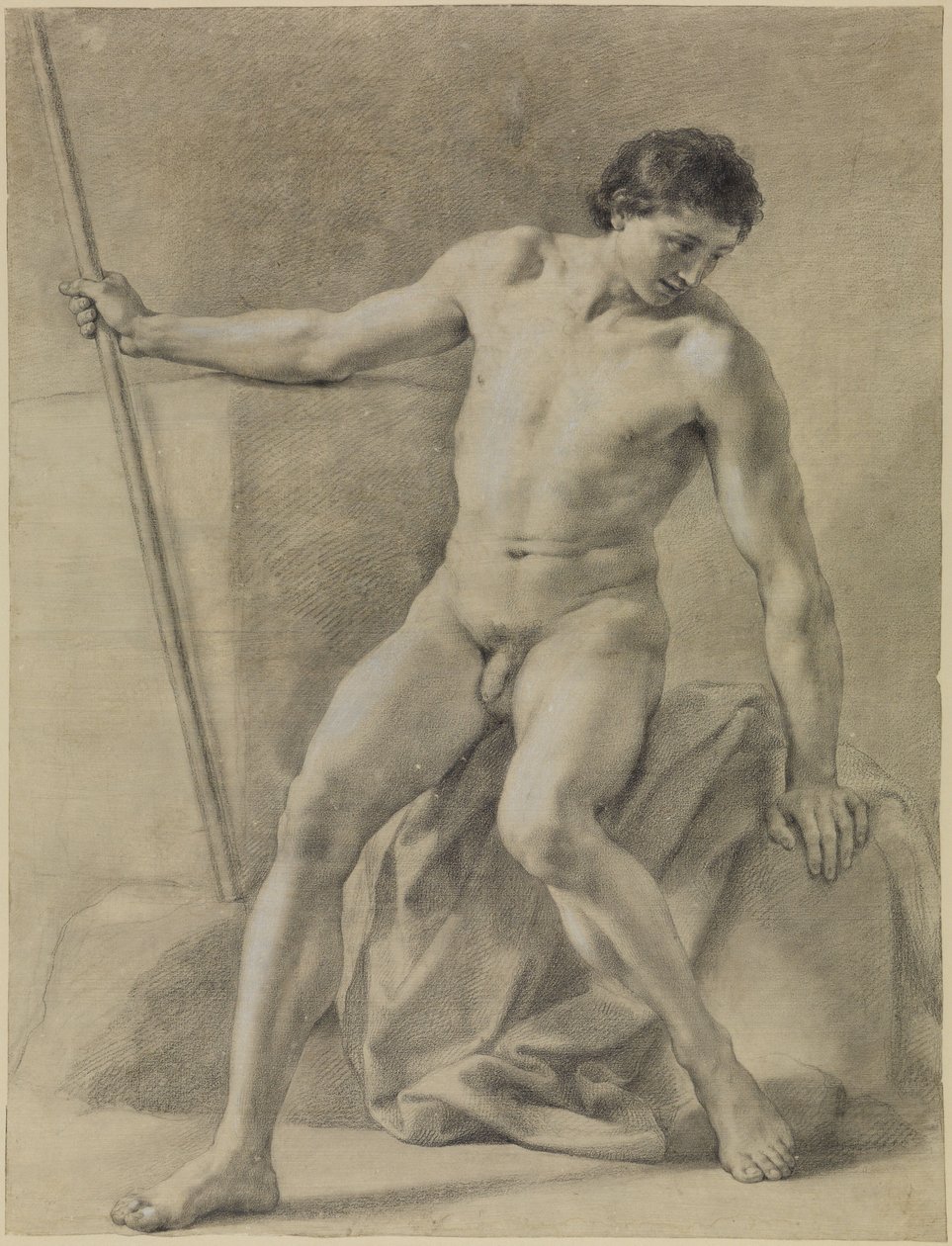 Seated Male Nude, Almost Frontal, Staff in Right Hand, Looking Down by Anton Raphael Mengs