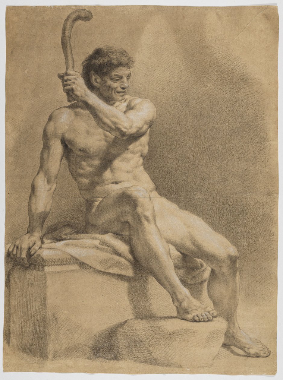 Seated Male Nude, Diagonally to the Right, Holding Up a Small Club with the Left Hand by Anton Raphael Mengs