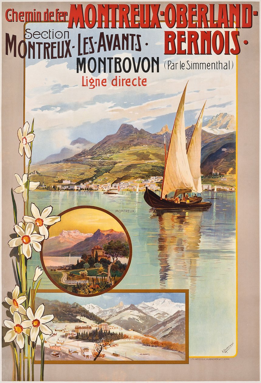 Poster advertising Montreux-Oberland-Bernois train journeys by Anton Reckziegel