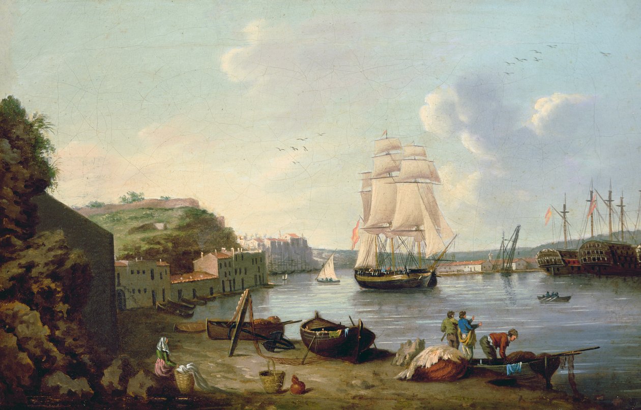 Ship under Sail in the Harbour at Port Mahon, Minorca by Anton Schantz
