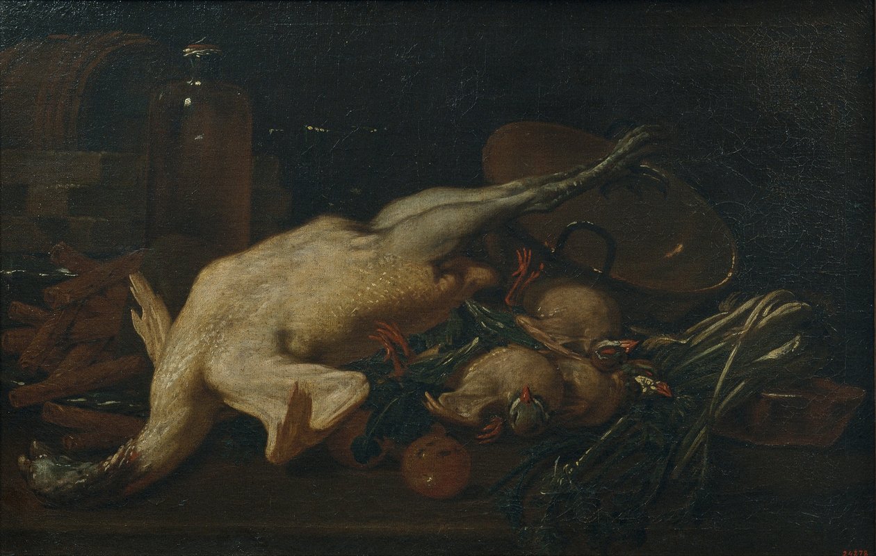Still Life with Vegetables, Turkey, other Fowl and Wafers by Antoni Viladomat