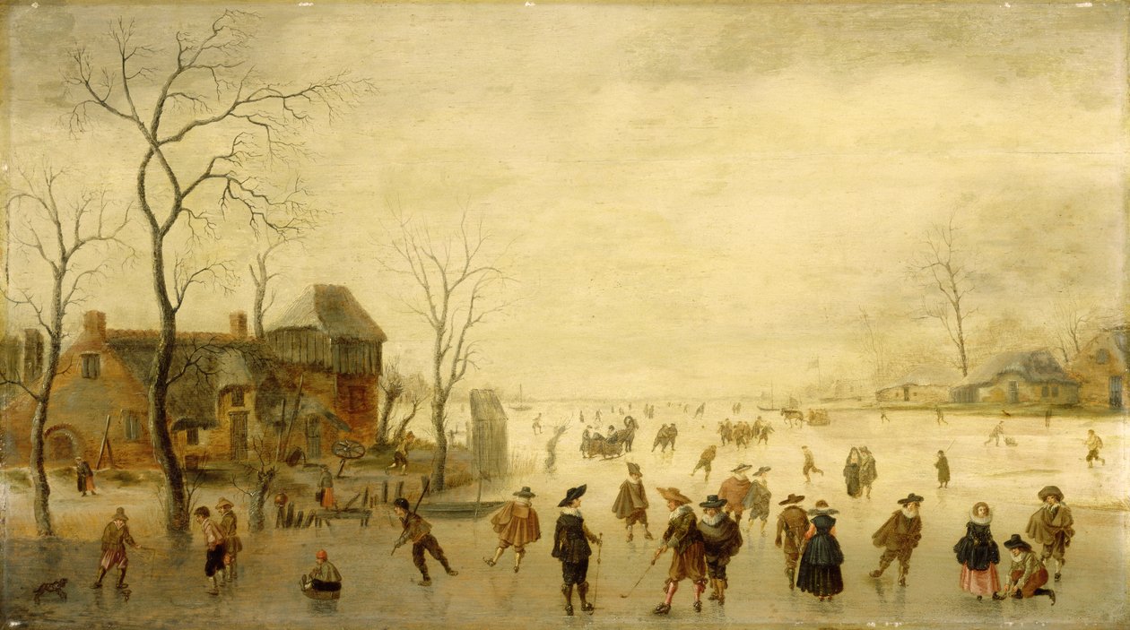 Winter Landscape with Skaters, Golf Players and Peasants on Frozen Waterways by Antoni  Verstralen