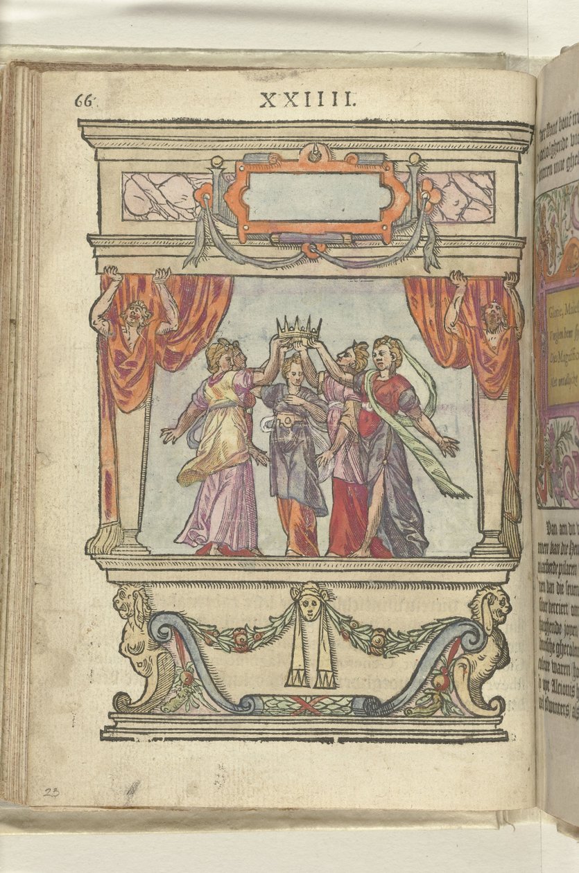 Scene Depicting the Personifications of Glory, Majesty, Generosity, Magnificence, and Modesty Holding a Crown Together, 1578 by Antoni van Leest