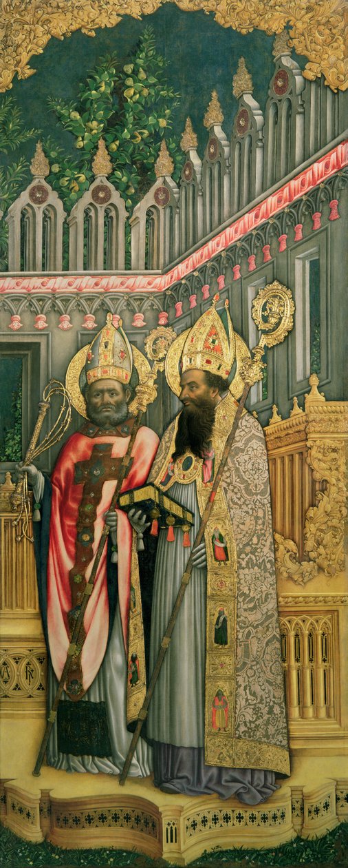 St. Ambrose and St. Augustine, right panel from The Virgin Enthroned with Saints Jerome, Gregory, Ambrose and Augustine, 1446 (post restoration) by Antonio Vivarini