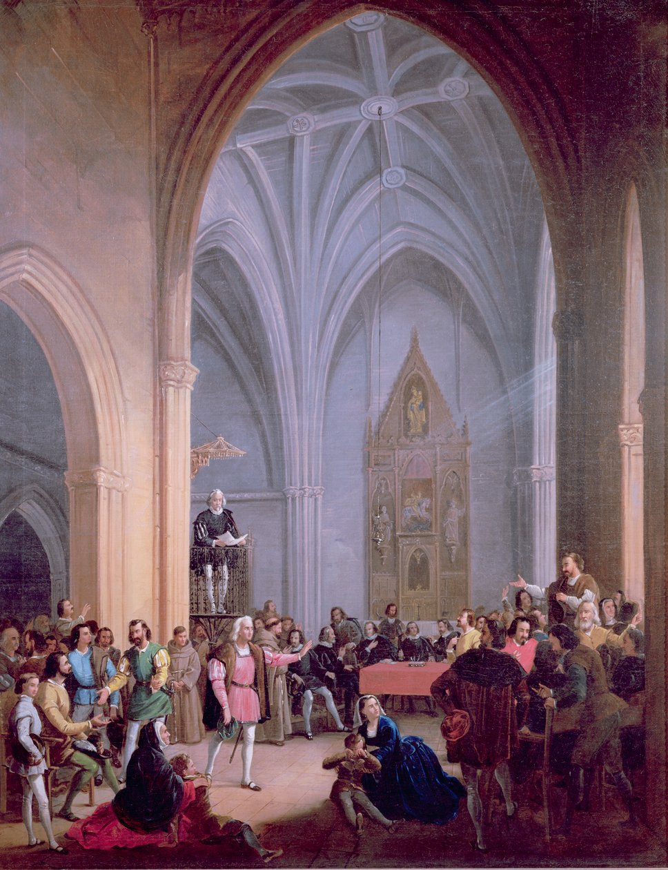 The letter of the Catholic Kings ordering the inhabitants of Palos to supply two ships for Christopher Columbus is read from the pulpit of the Church of S. Jorge on May 23, 1492 by Antonio Cabral Bejarano