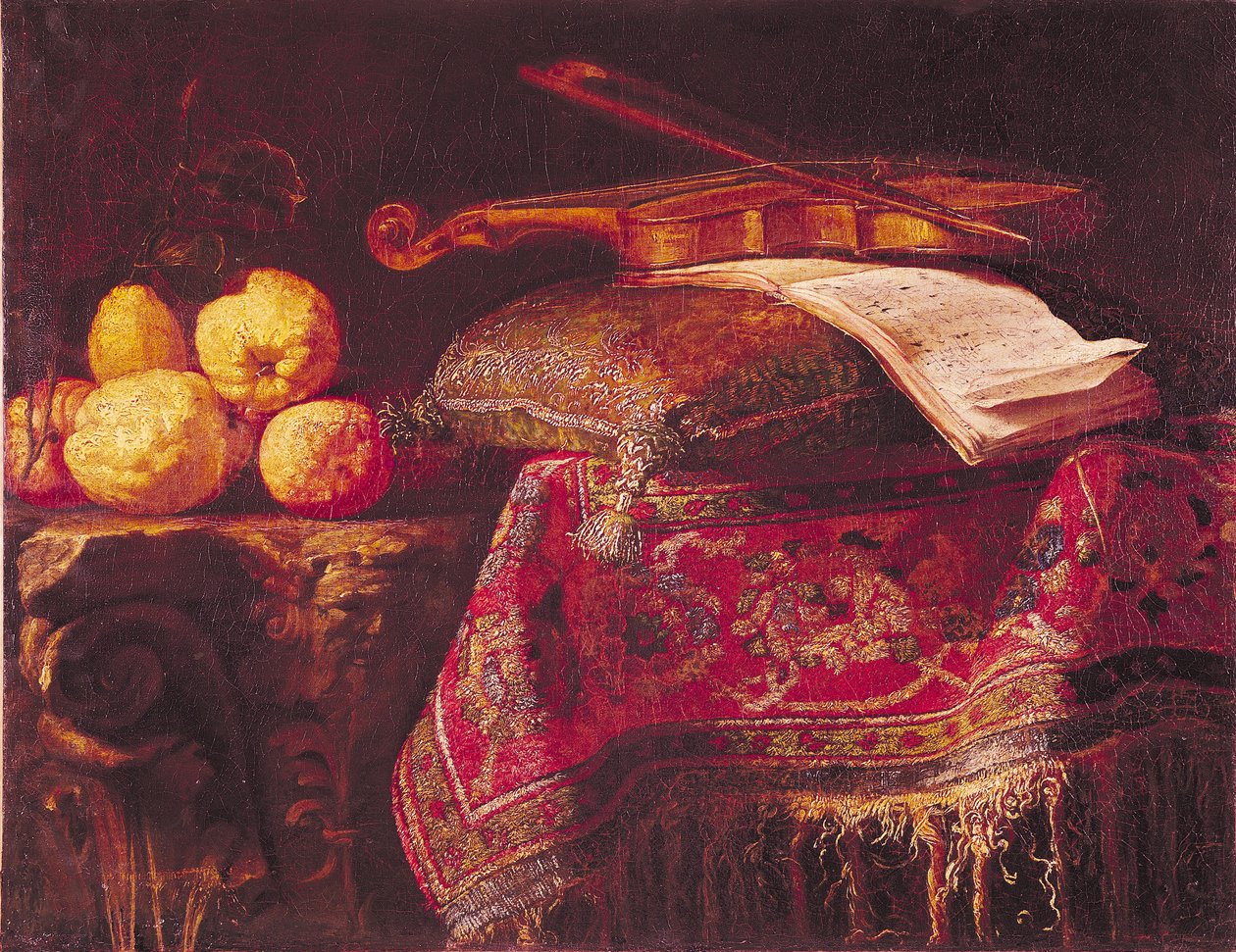Still Life of Fruit and Musical Instruments by Antonio Pereda y Salgado